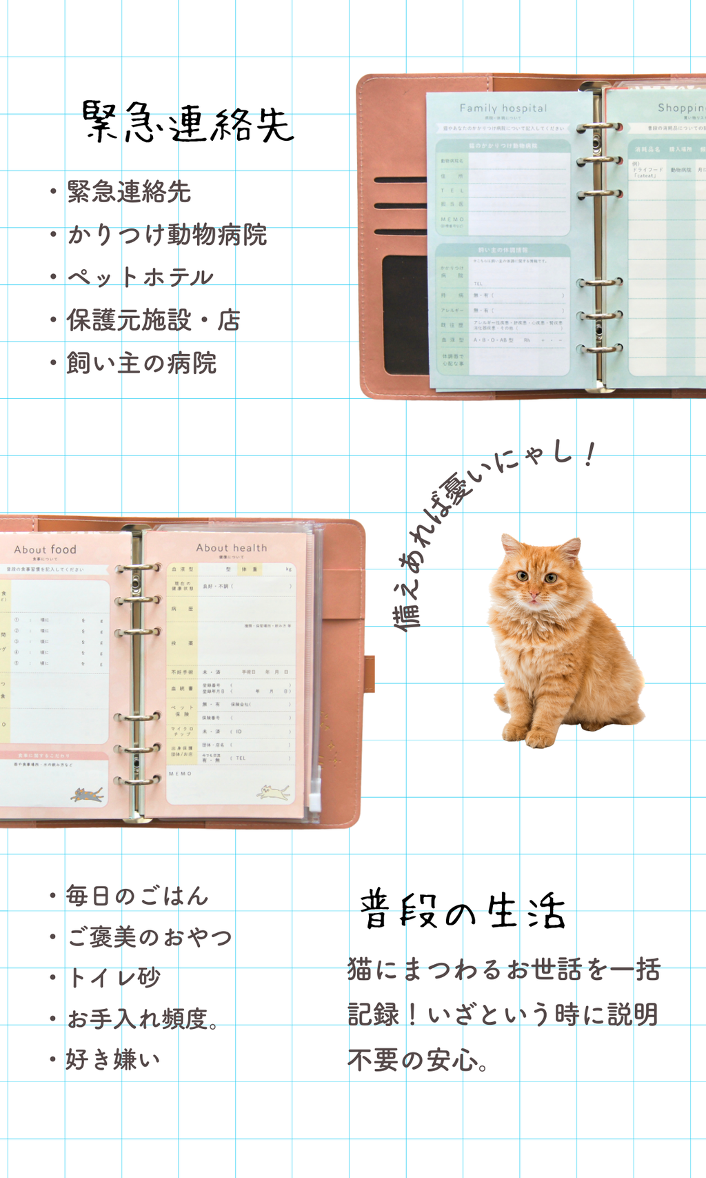 【キーホルダーセット】ねこヘルプ手帳(バインダー式)｜猫の通院・体調管理が一冊で｜猫の健康管理手帳